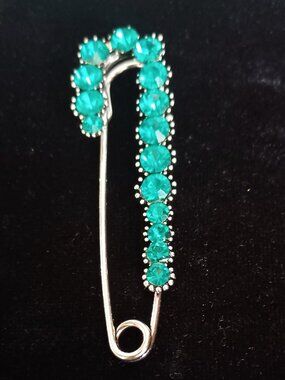 Vintage Safety Pin Brooch Large Aqua  Blue Rhinestone Crystal Silver Tone